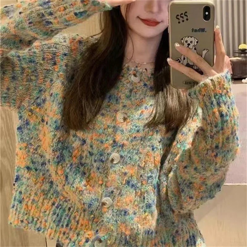 Rainbow pattern knitted cardigan in green or pink with slim fit and regular sleeves