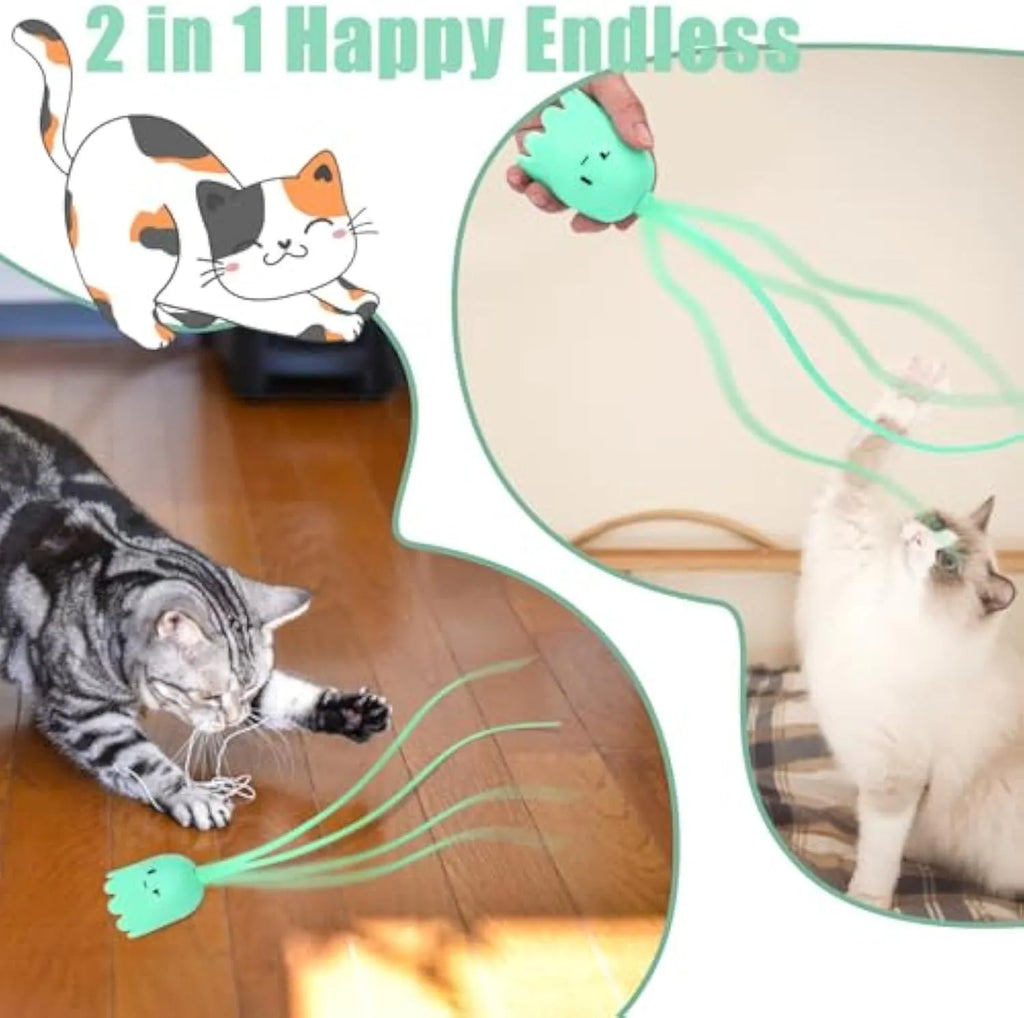 Green electronic cat wand toy with swinging silicone tails for indoor cat entertainment