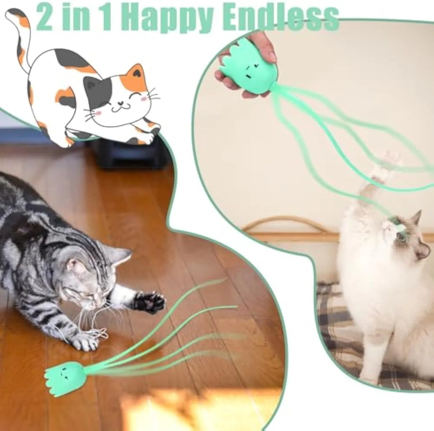 Green electronic cat wand toy with swinging silicone tails for indoor cat entertainment