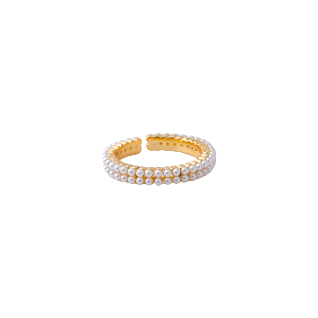 Gold geometric pearl women's adjustable open ring on copper with round elements