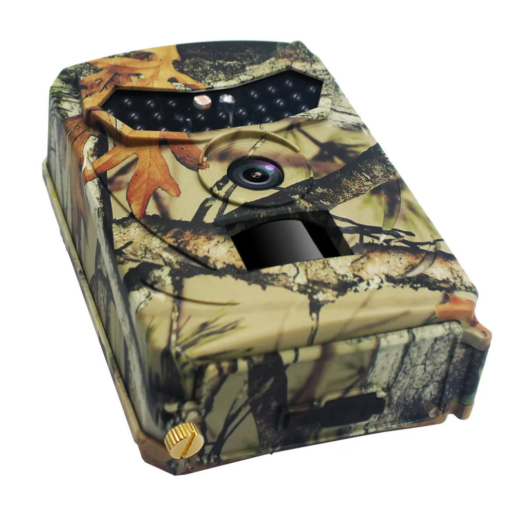 Yellow brown hunting game camera with 16MP resolution and infrared night vision for outdoor wildlife monitoring
