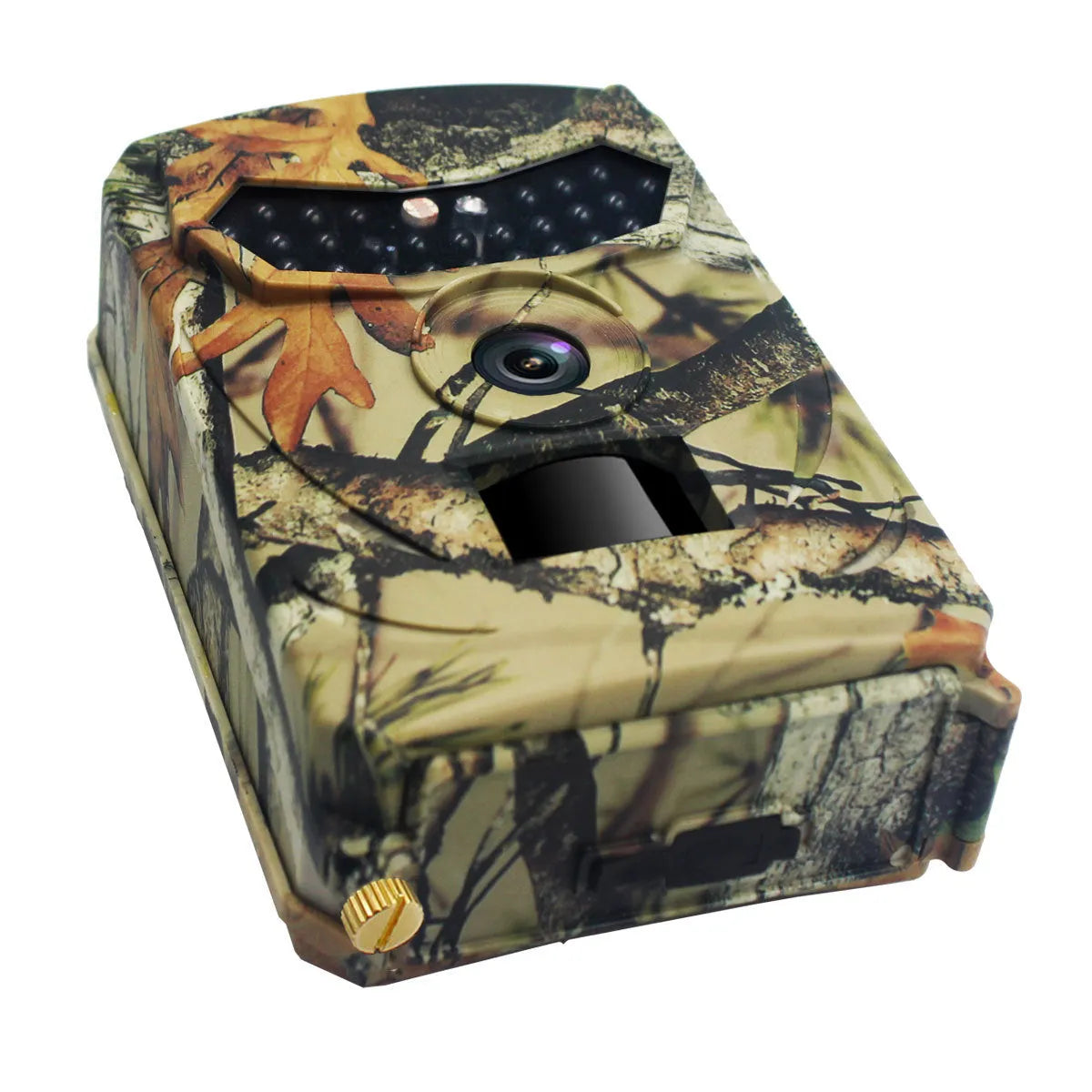 Yellow brown hunting game camera with 16MP resolution and infrared night vision for outdoor wildlife monitoring