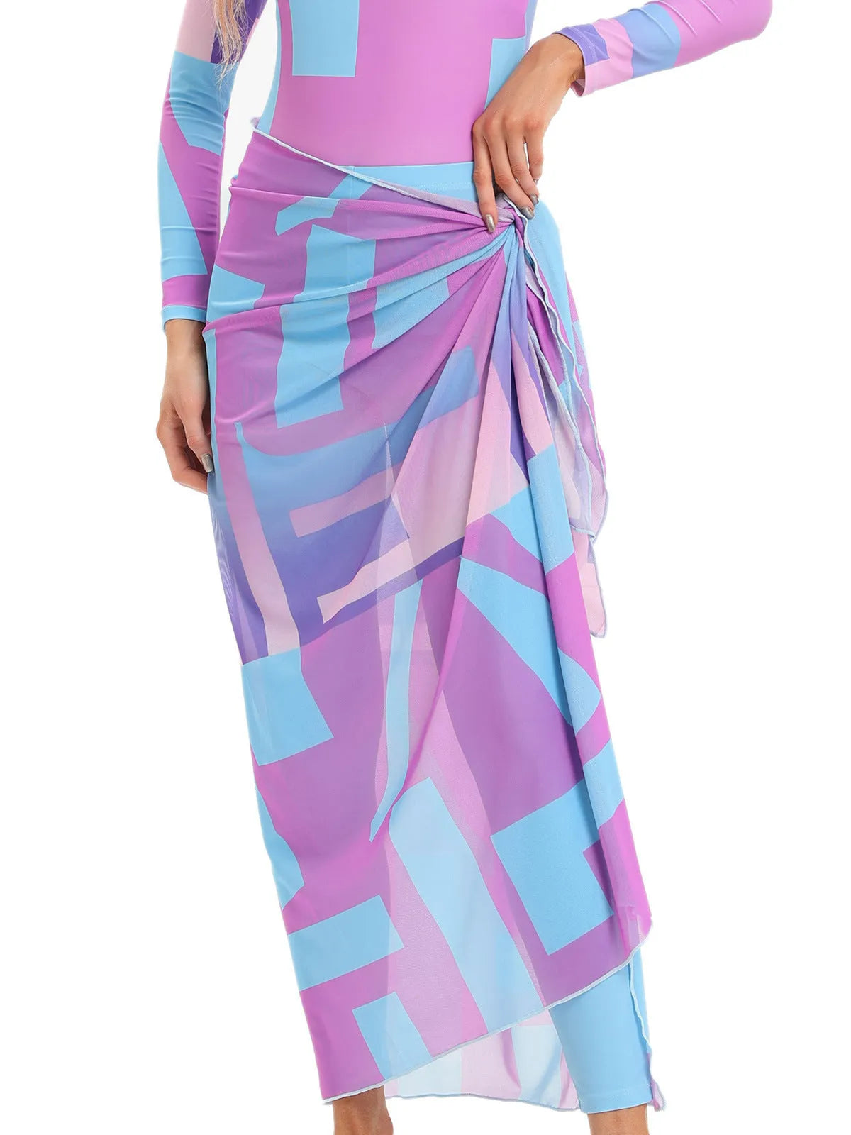 Conservative long-sleeve polyester swimsuit three-piece set with matching apron for beach wear.
