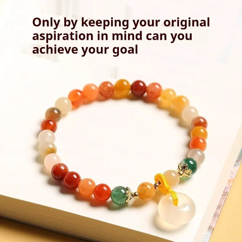 Handmade natural stone bracelet with safety buckle featuring 6mm agate and strawberry quartz beads