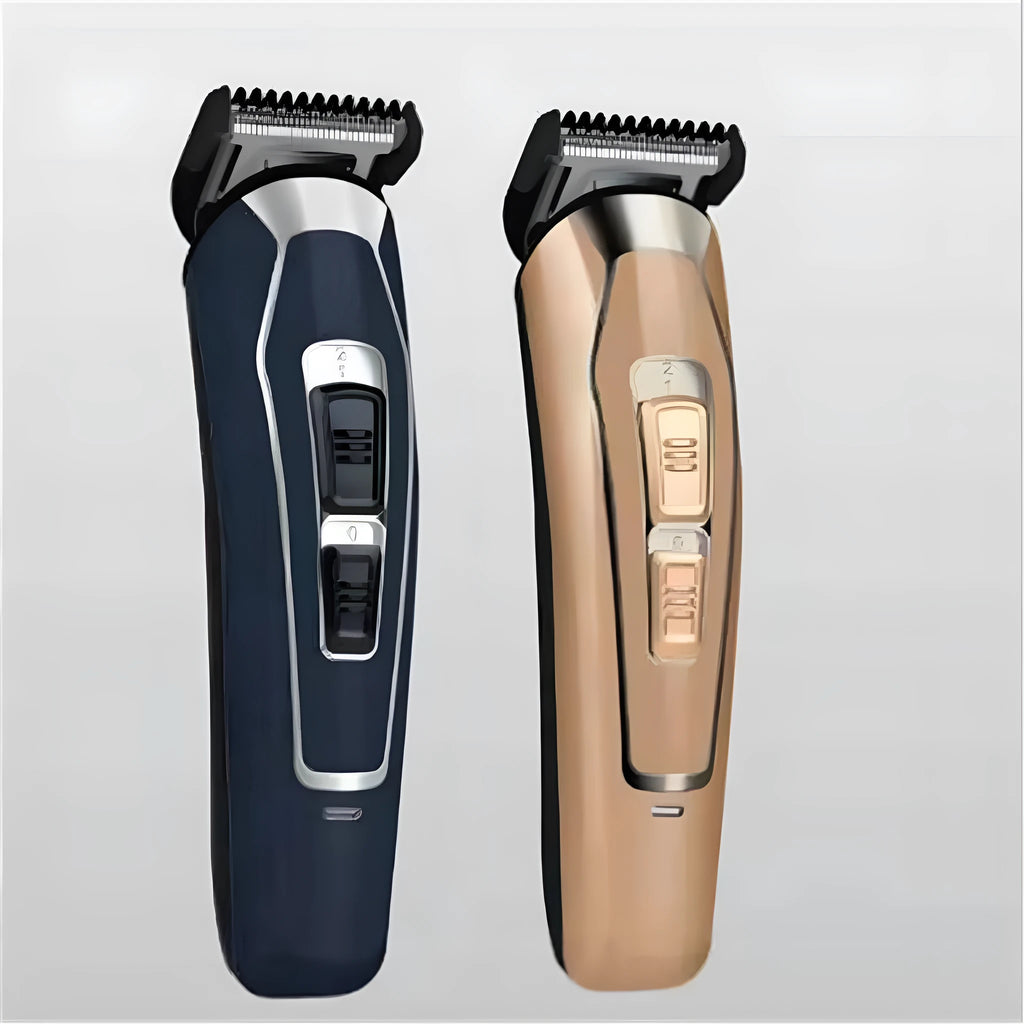 Dark blue and coffee coloured rechargeable electric hair clipper with USB charging cable.
