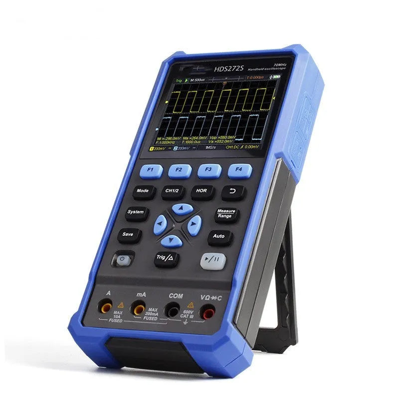 Owon HDS272 handheld digital oscilloscope with probes on automotive engine diagnostic testing