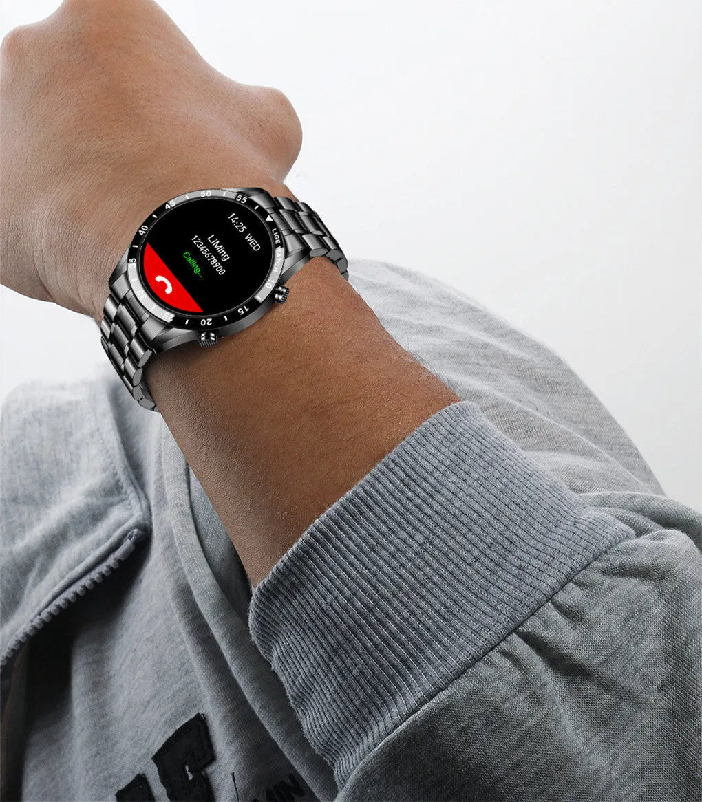 Smart watch with stainless steel wristband and 1.3-inch touch screen display showing time interface