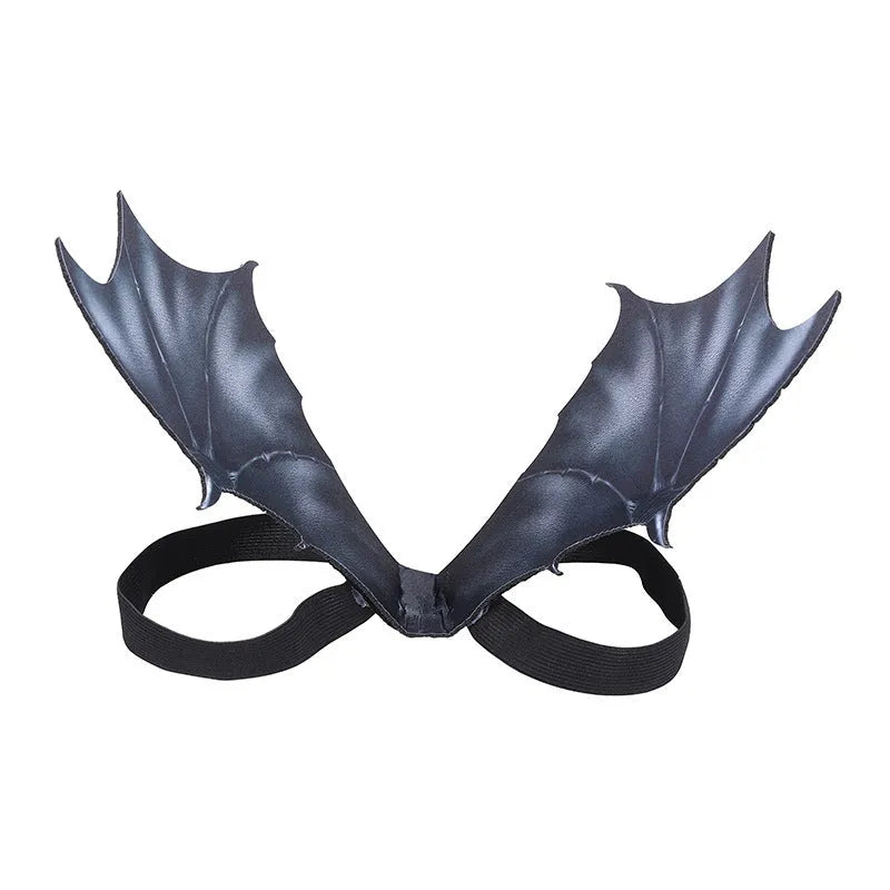 Black cloth bat wing costume for cats and dogs on Halloween, showing large, medium, and small size options.