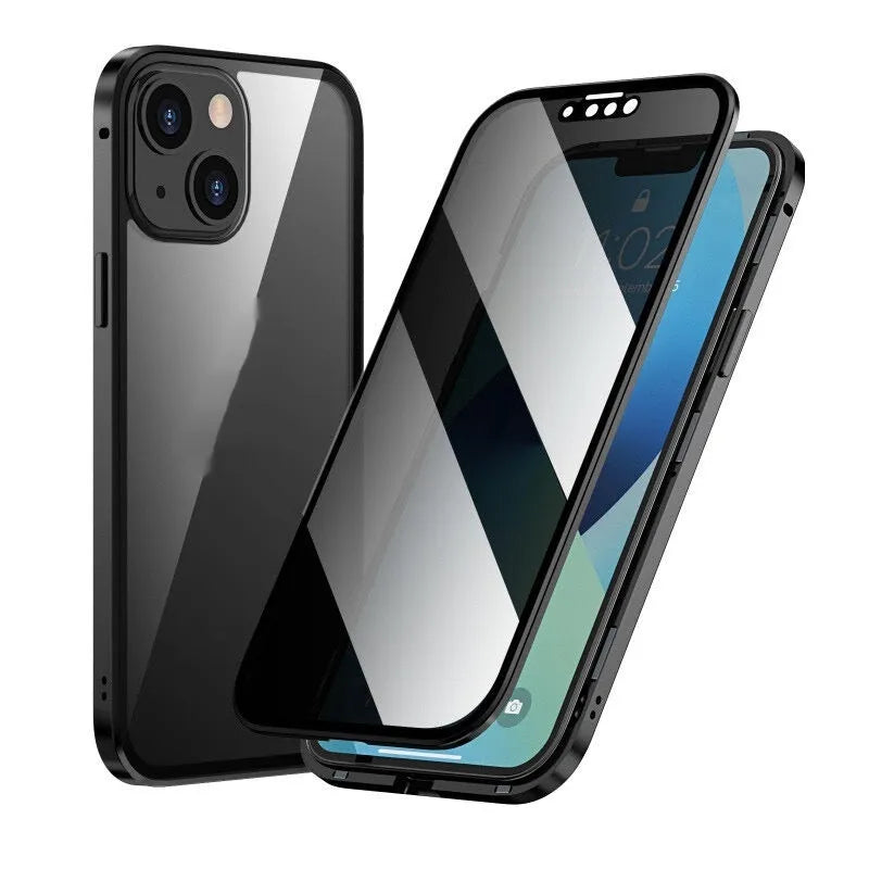 Magnetic aluminium alloy and glass back cover case for iPhone 16, available in different transparent colors with anti-peep screen