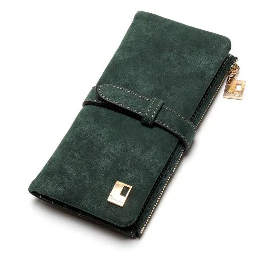 Korean retro long wallet in PU leather showing vertical design, zip closure, and open view of internal compartments.