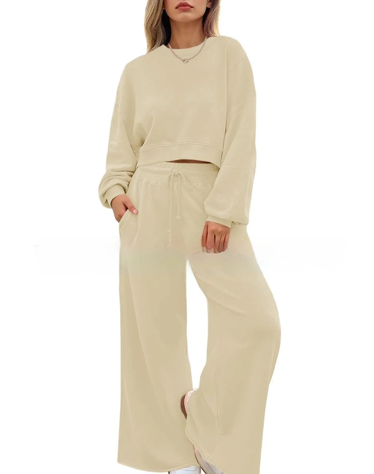 Women's solid colour long sleeve top and trousers two-piece casual set