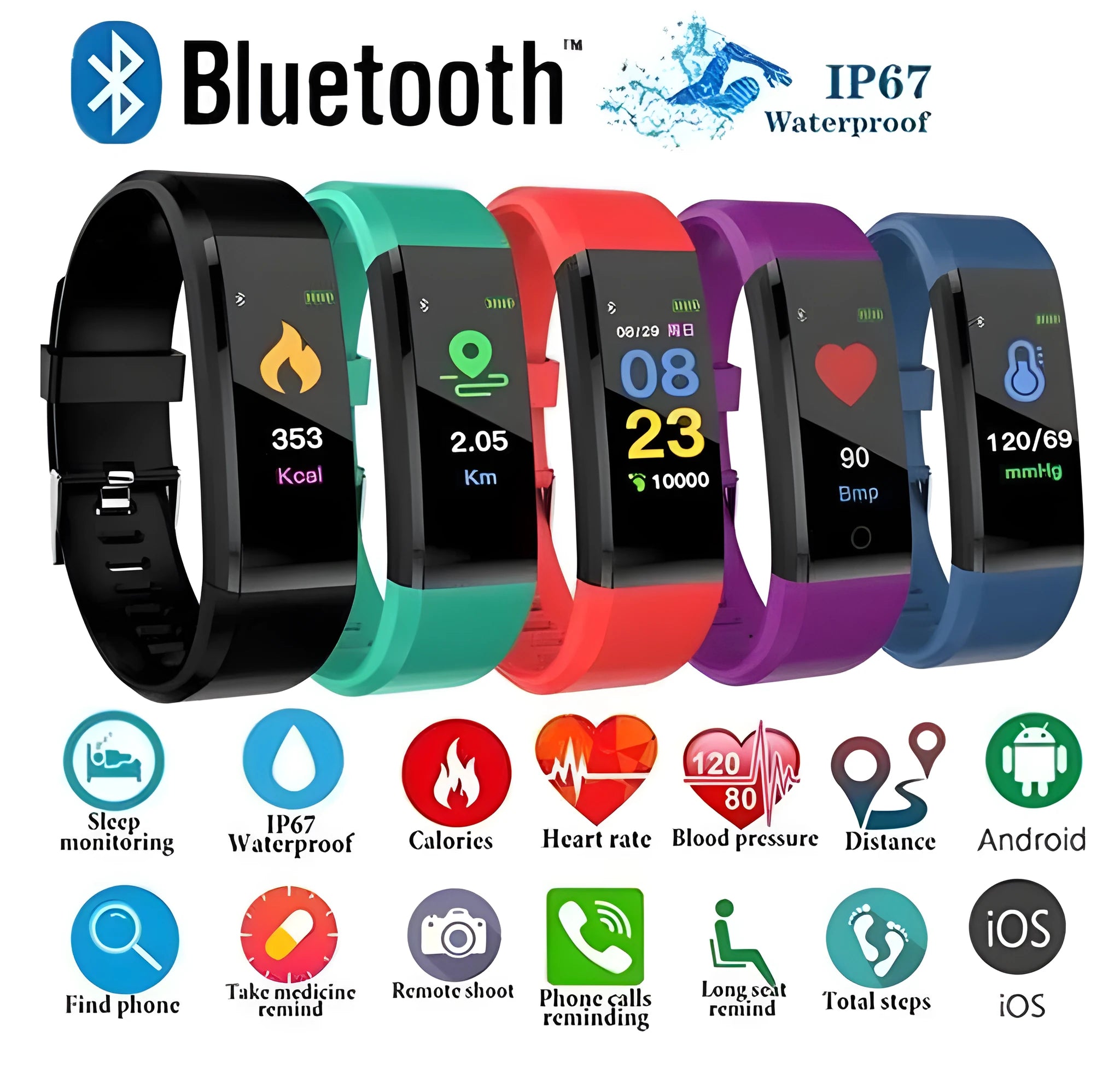 ID115Plus smart bracelet with OLED touch screen and heart rate monitor in black colour