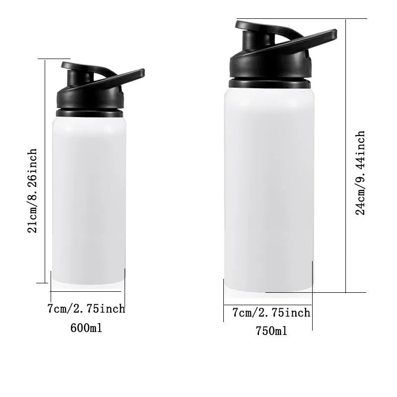White aluminium sports water bottle for cycling and outdoor activities showing 600ml and 750ml capacity options