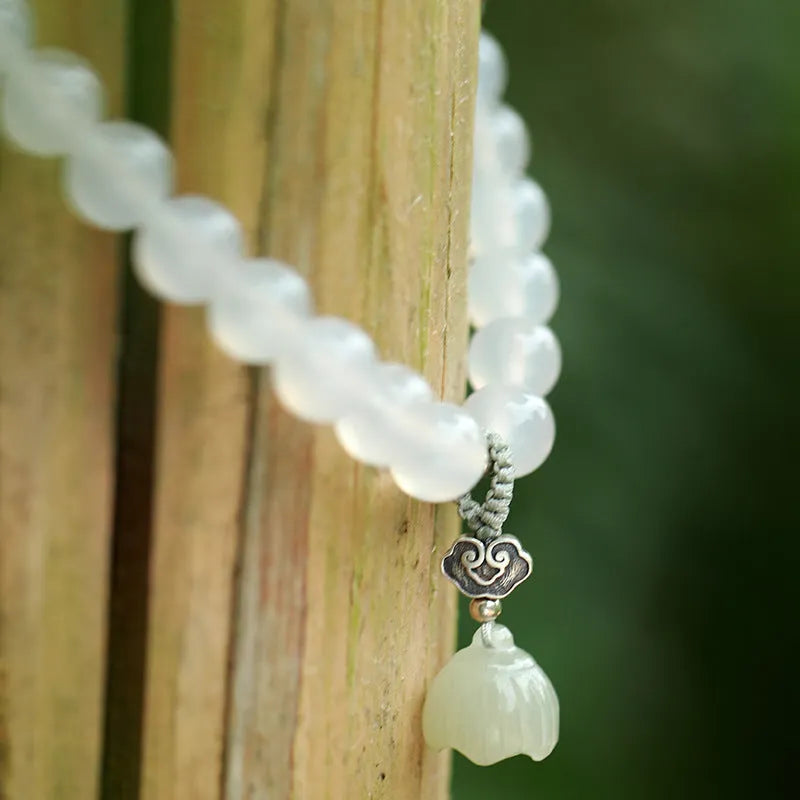 Women's S925 silver bracelet with white agate and Hetian jade stones in geometric design