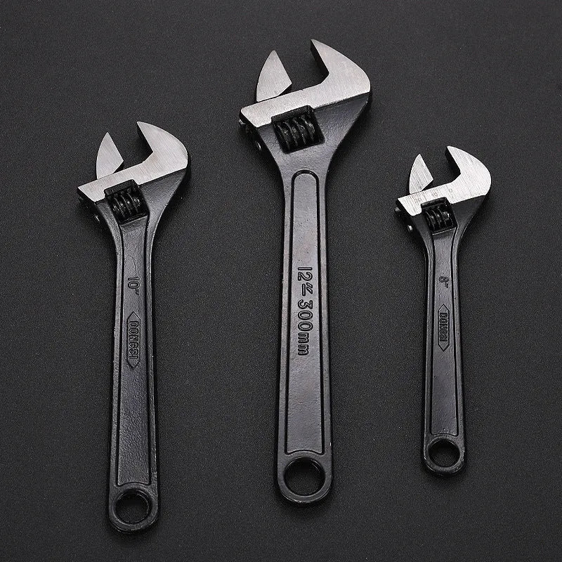 High carbon steel adjustable open-end wrench with black oxidation finish and ergonomic handle