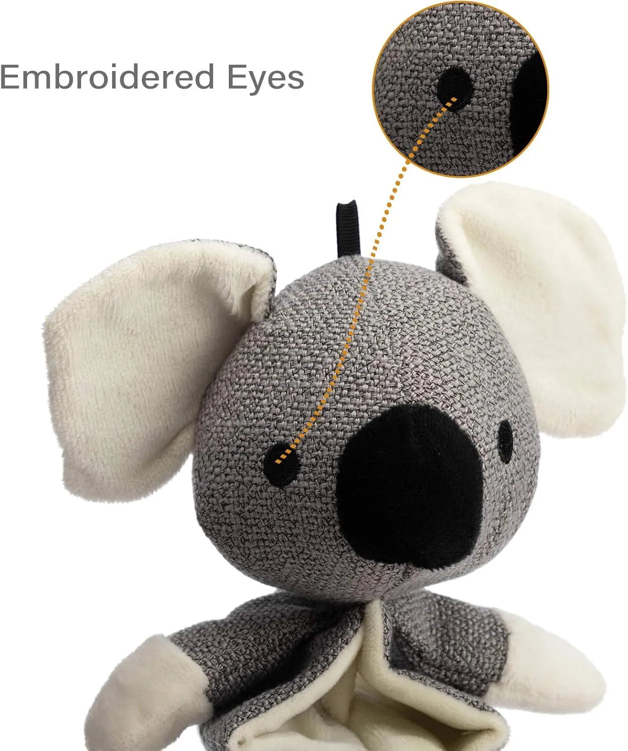 Gray koala dog toy measuring 30cm with crinkle paper squeaky features