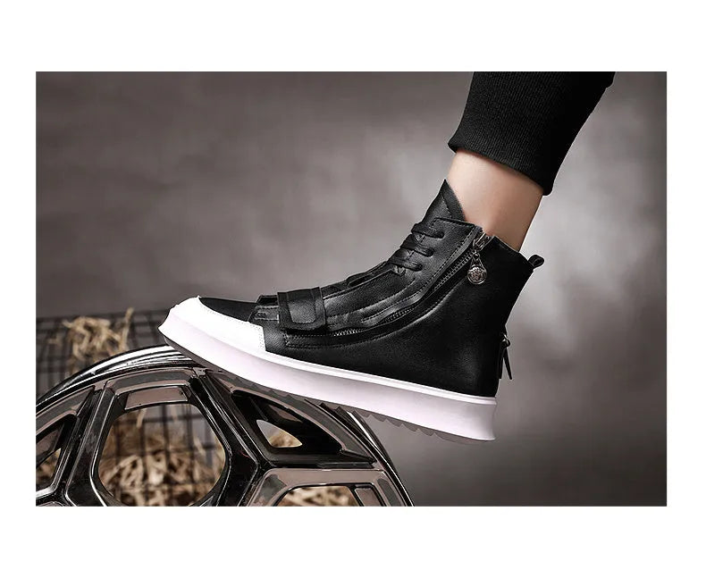 PU leather men's winter ankle boots in black and white high-top sneaker style