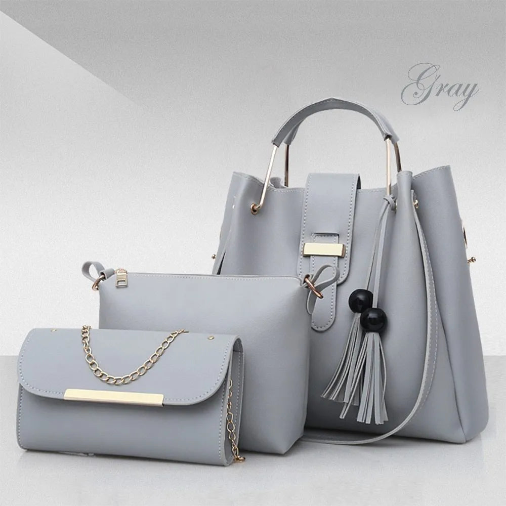 Women's 3 piece PU leather handbag set with shoulder bag, crossbody bag, and tote with tassel and metal handle
