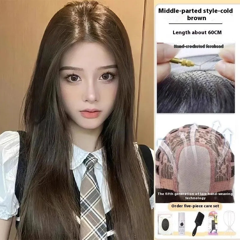 Long straight black wig with forehead lace and side bangs made from high temperature fibre.