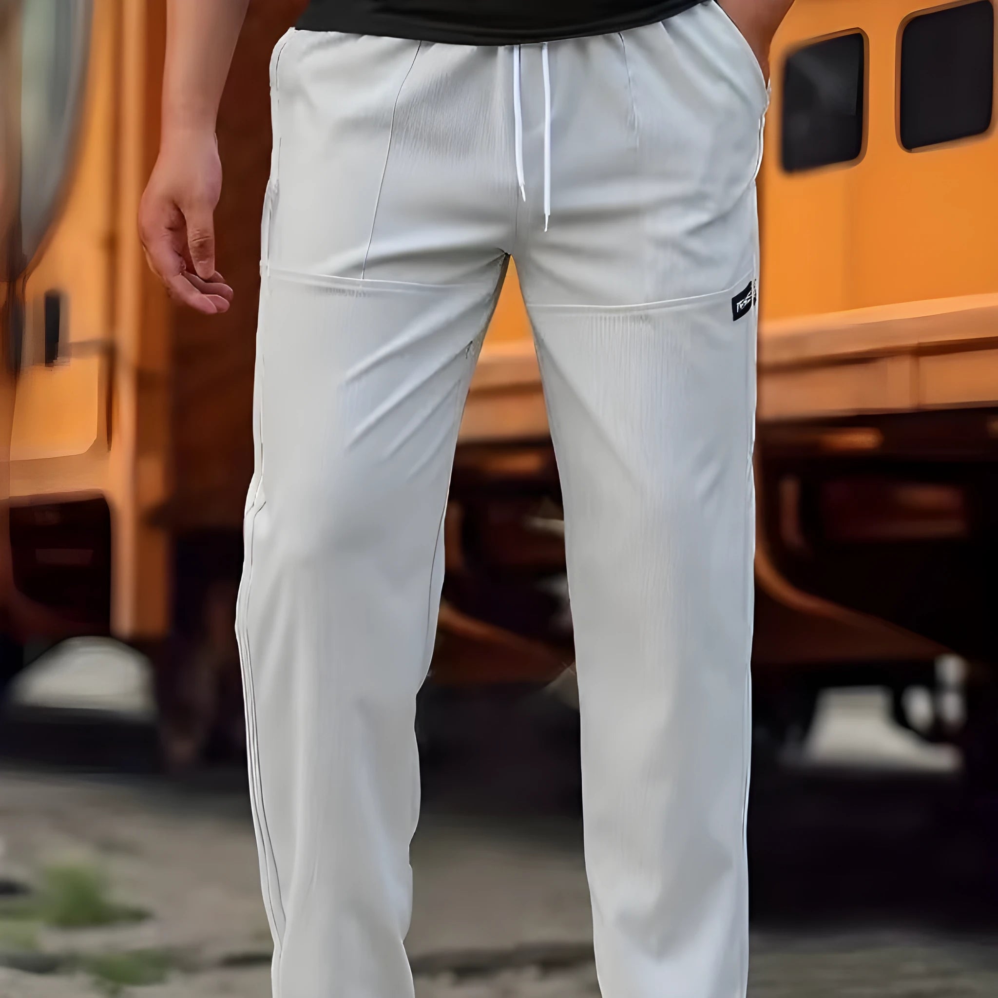 Men's polyester trousers in multiple colours including light grey, dark green, black for spring and autumn wear