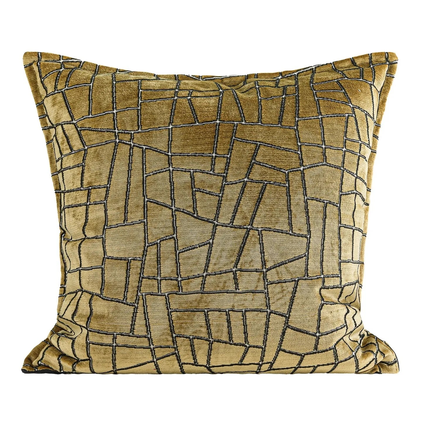 Gold geometric pattern on a velvet square cushion and a rectangular waist pillow against a sofa.