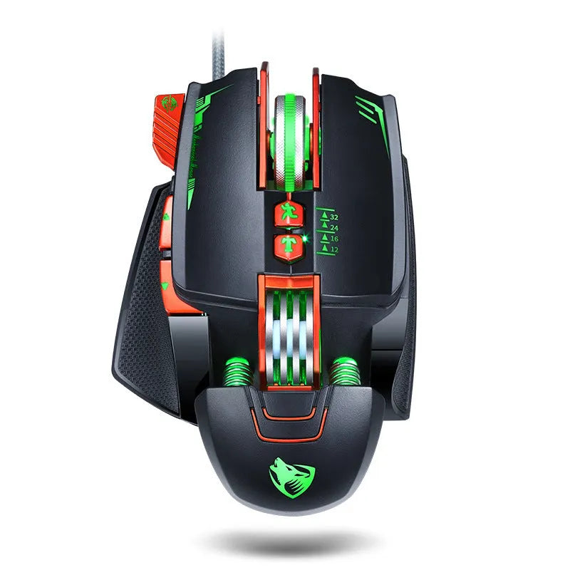 Thunder Wolf V9 black wired gaming mouse with six buttons and USB cable on gaming desk