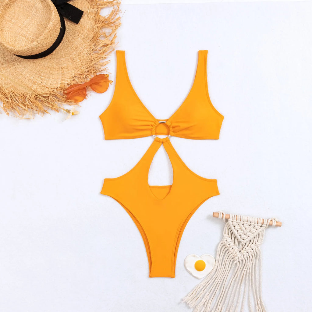 Women's black triangle one-piece swimsuit with sleeveless design