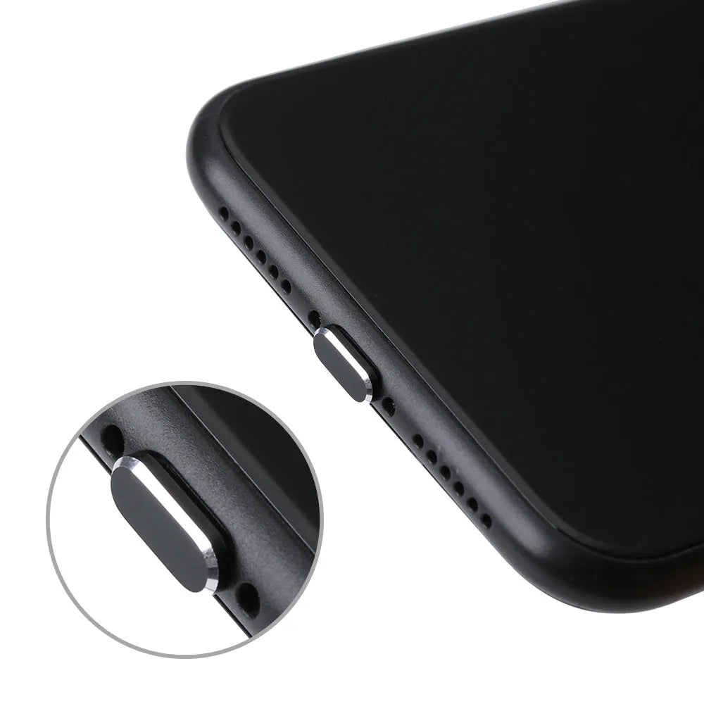 Aluminium alloy dust plug for iPhone charging port in various colours including gold, silver, and rose gold.