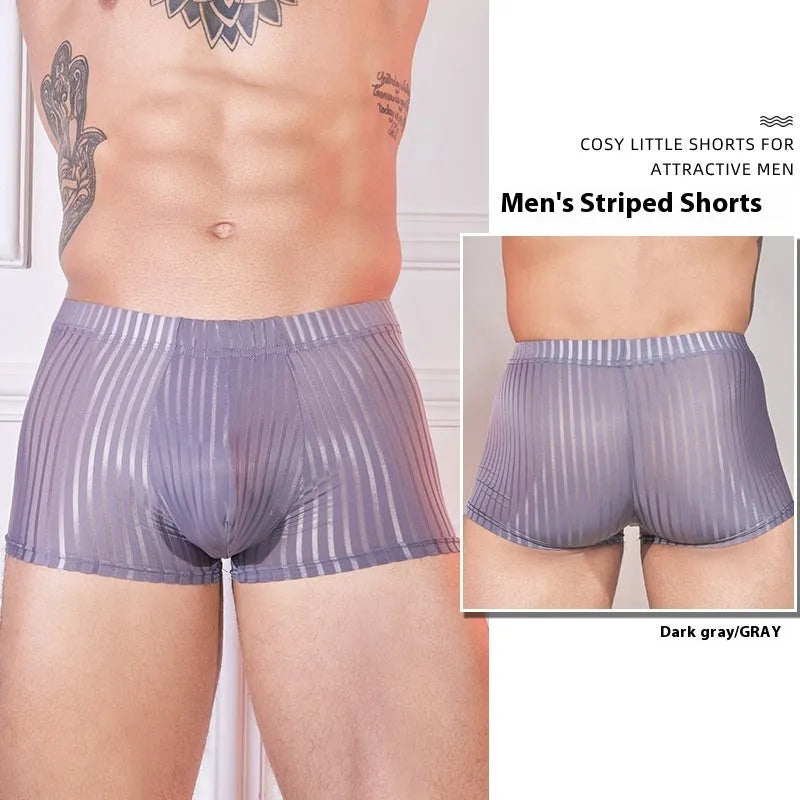Men's striped underwear in thin transparent nylon fabric showing black, white, and dark grey colour options