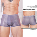 Men's striped underwear in thin transparent nylon fabric showing black, white, and dark grey colour options