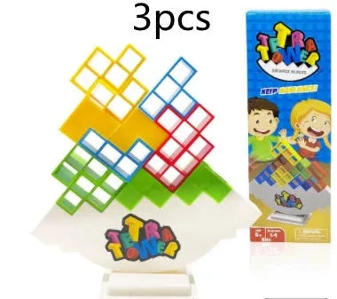 Colourful plastic balance stacking game with 16 blocks, chassis and base for family play