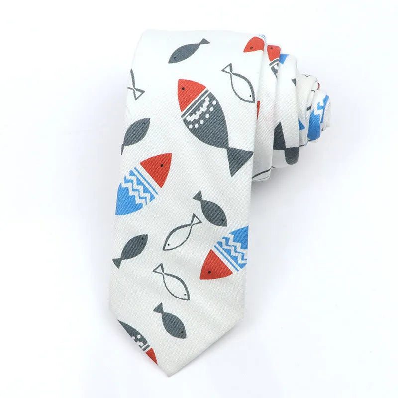 Korean style narrow men's cotton bow tie with a cartoon print pattern on an adjustable neck band.