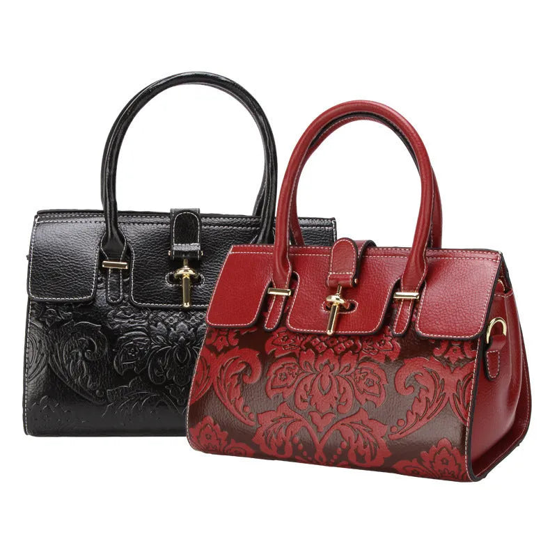 Genuine leather women's vintage crossbody bag in oval shape with embossed detailing