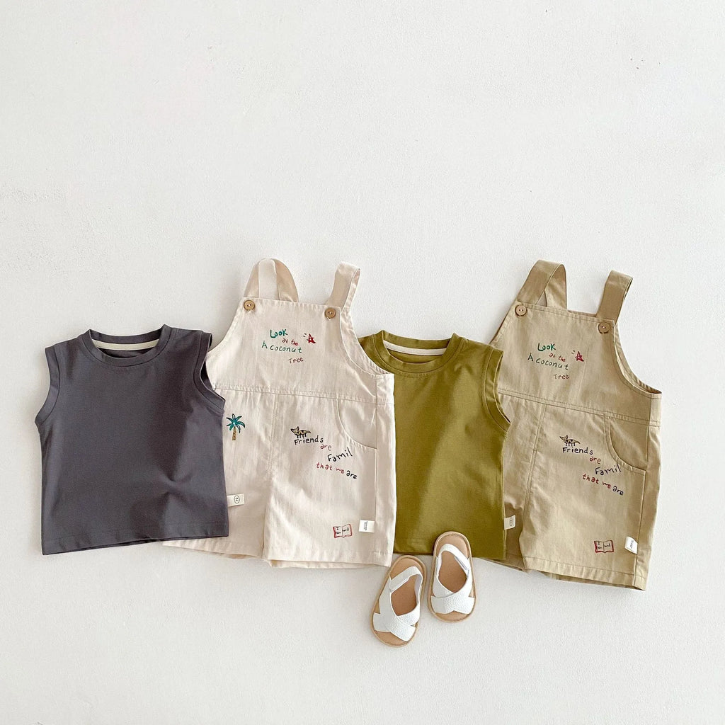 Baby cotton sleeveless t-shirt and suspender pants set in Korean style with cartoon element, available in dark gray avocado green warm apricot khaki green