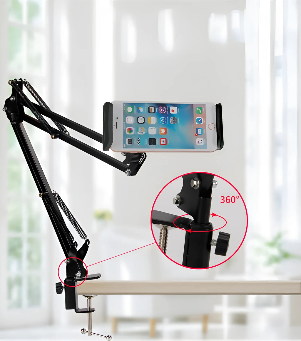Black and white adjustable phone and tablet stand on a desk at 10cm height