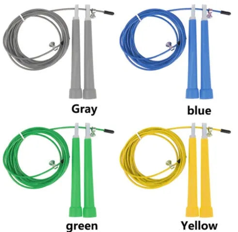 High speed steel wire fitness rope with 3m length, PVC coating, and PP handles on a smooth indoor floor