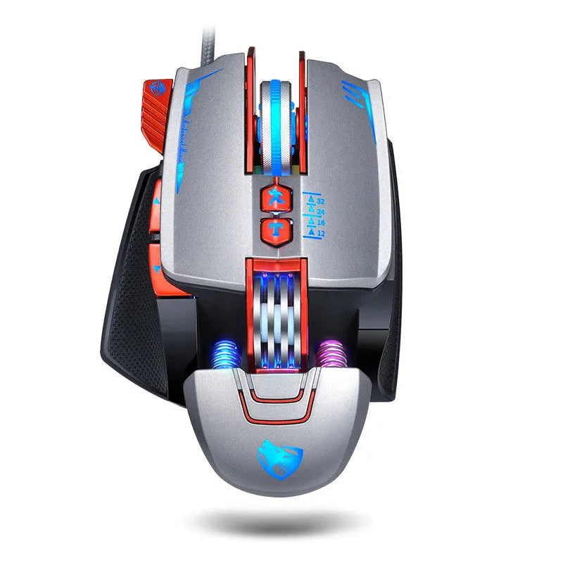 Thunder Wolf V9 black wired gaming mouse with six buttons and USB cable on gaming desk