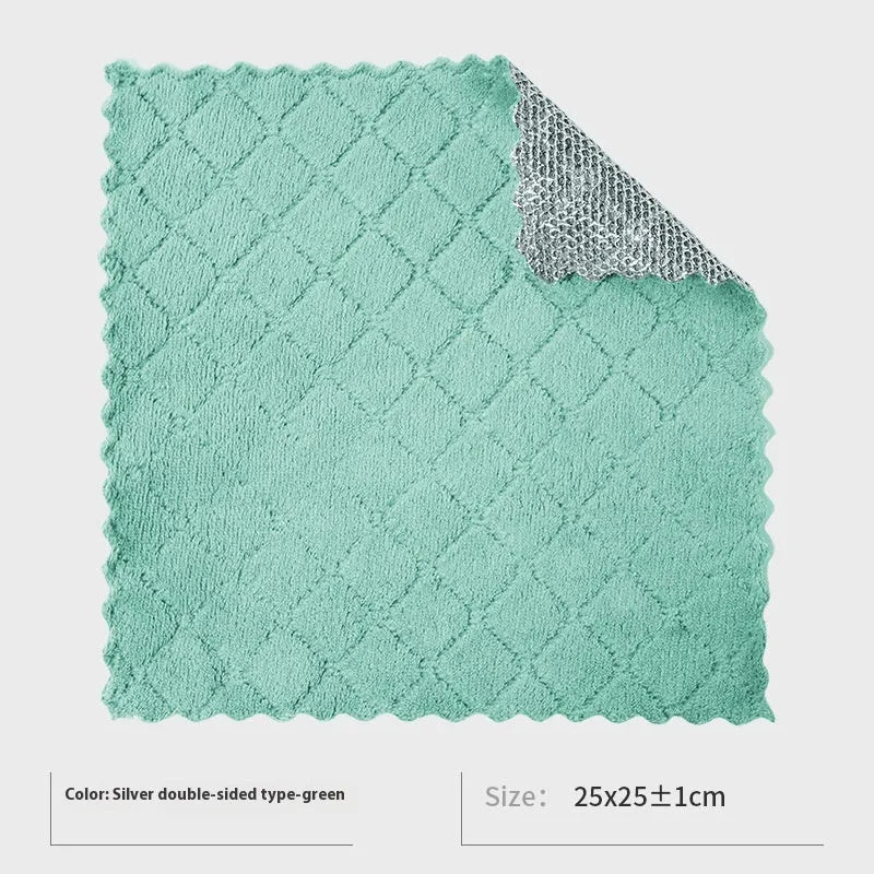 Silver steel wire and microfiber double-sided cleaning rag for scrubbing pots and wiping bowls.