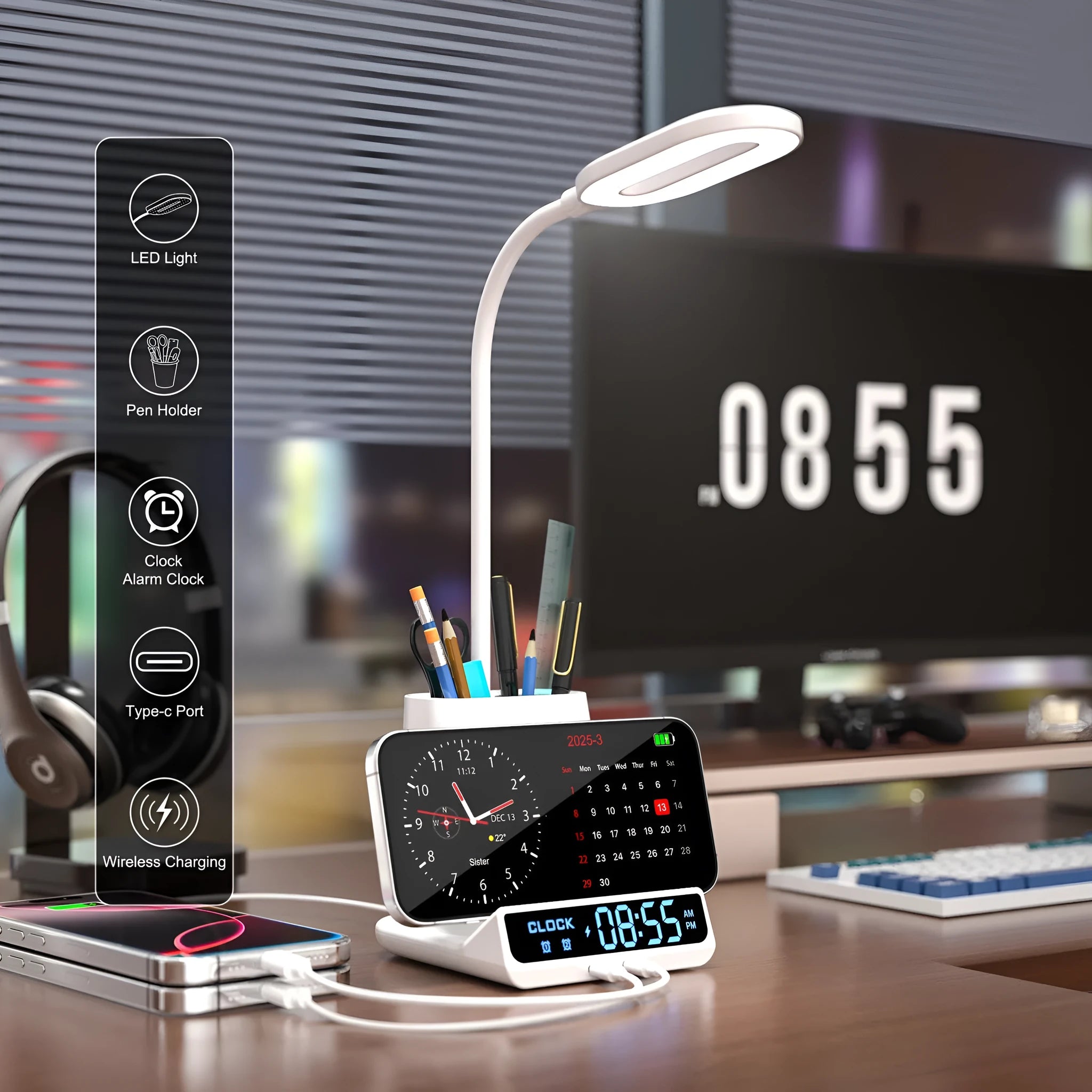 Wireless charging desk lamp with pen holder and storage box in modern minimalist design