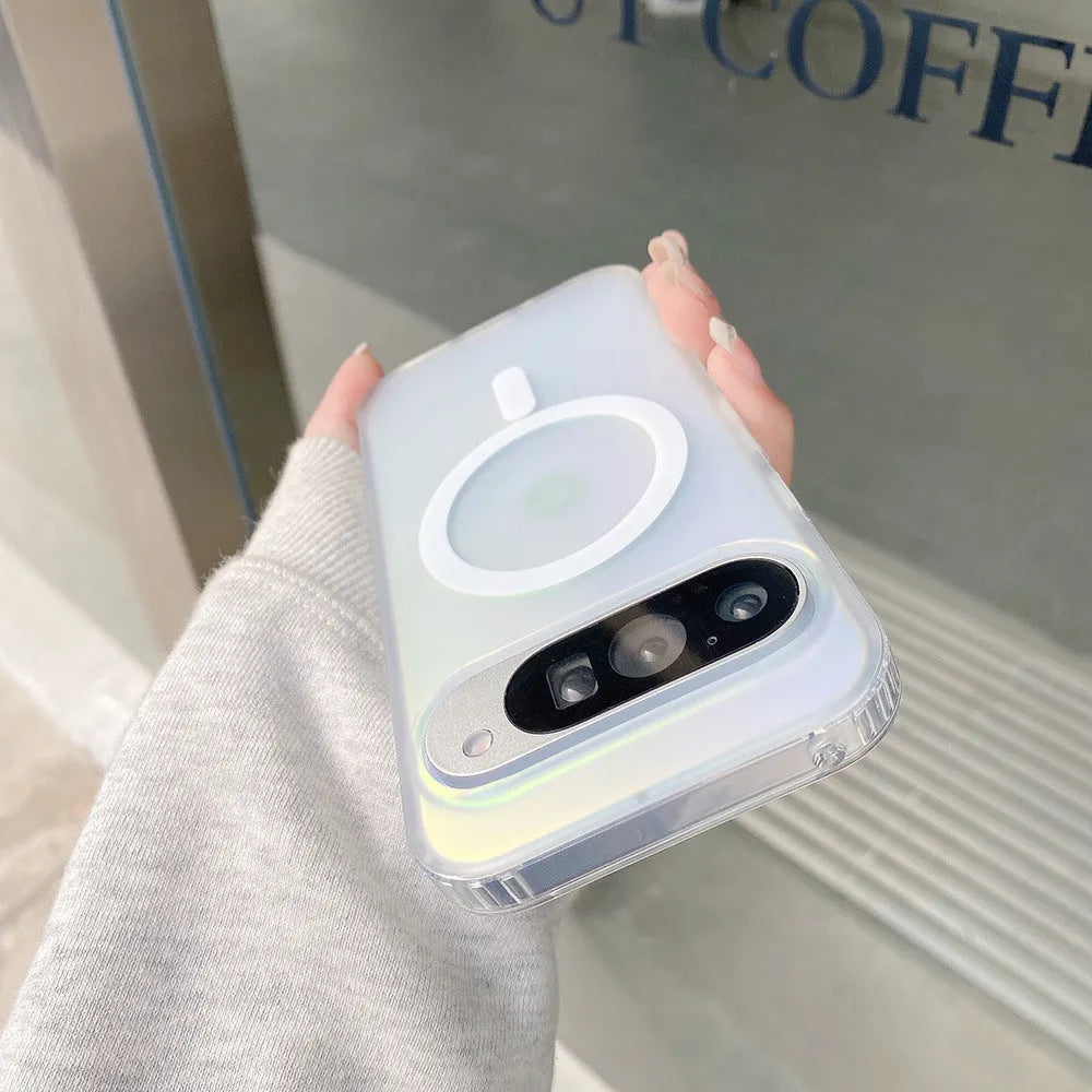 Transparent laser frosted magnetic phone case for Google Pixel models on a table.