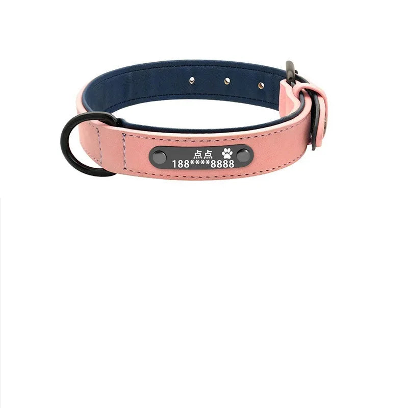 Custom anti-lost dog collar in brown microfiber leather and genuine leather with lettering