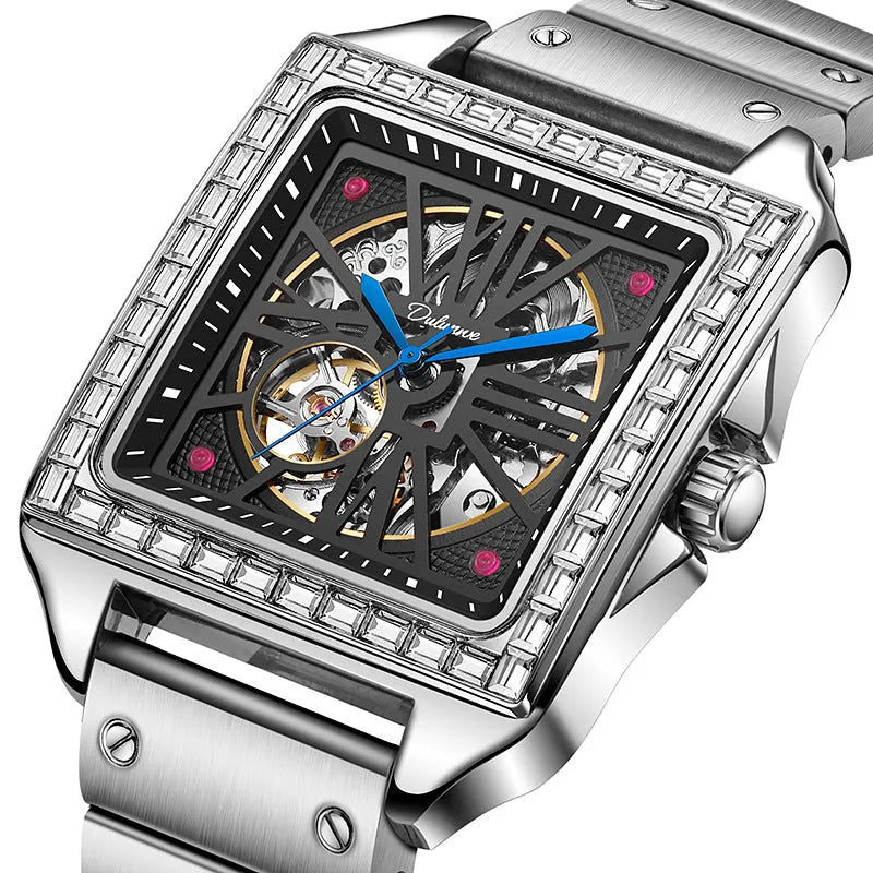 Men's square automatic watch with diamond-studded case on steel belt strap