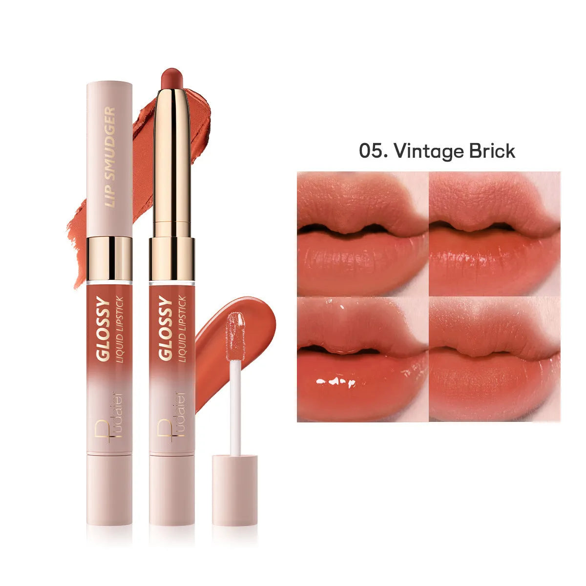 Double-headed lipstick showing matte bullet on one end and gloss applicator on the other in one of 10 available colours