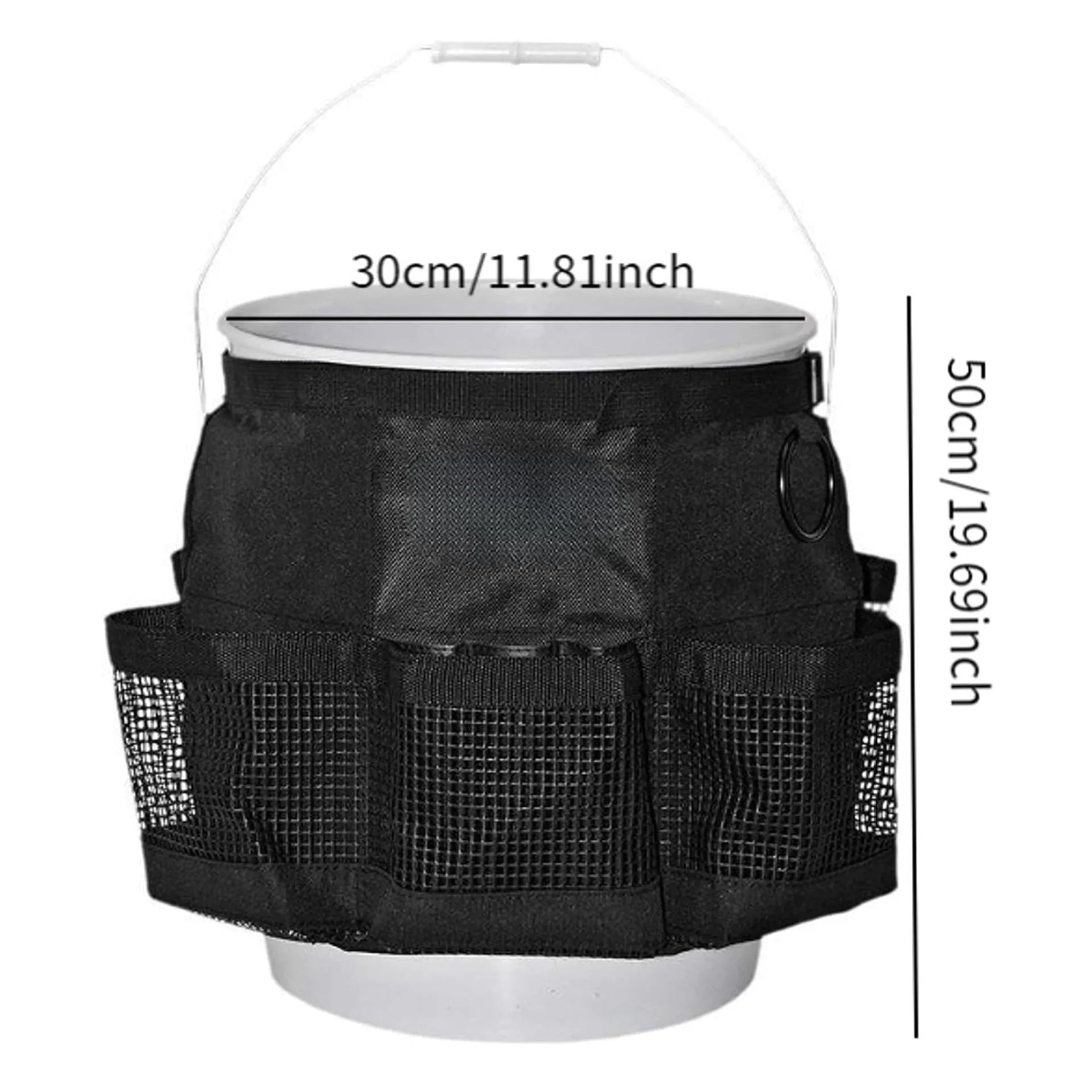 Black cylindrical polyester storage bag hanging on a 5-gallon barrel for outdoor tool organisation