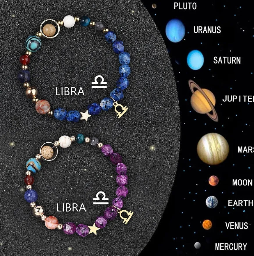 Set of twelve natural stone beaded bracelets, each representing a different zodiac sign with celestial charms.