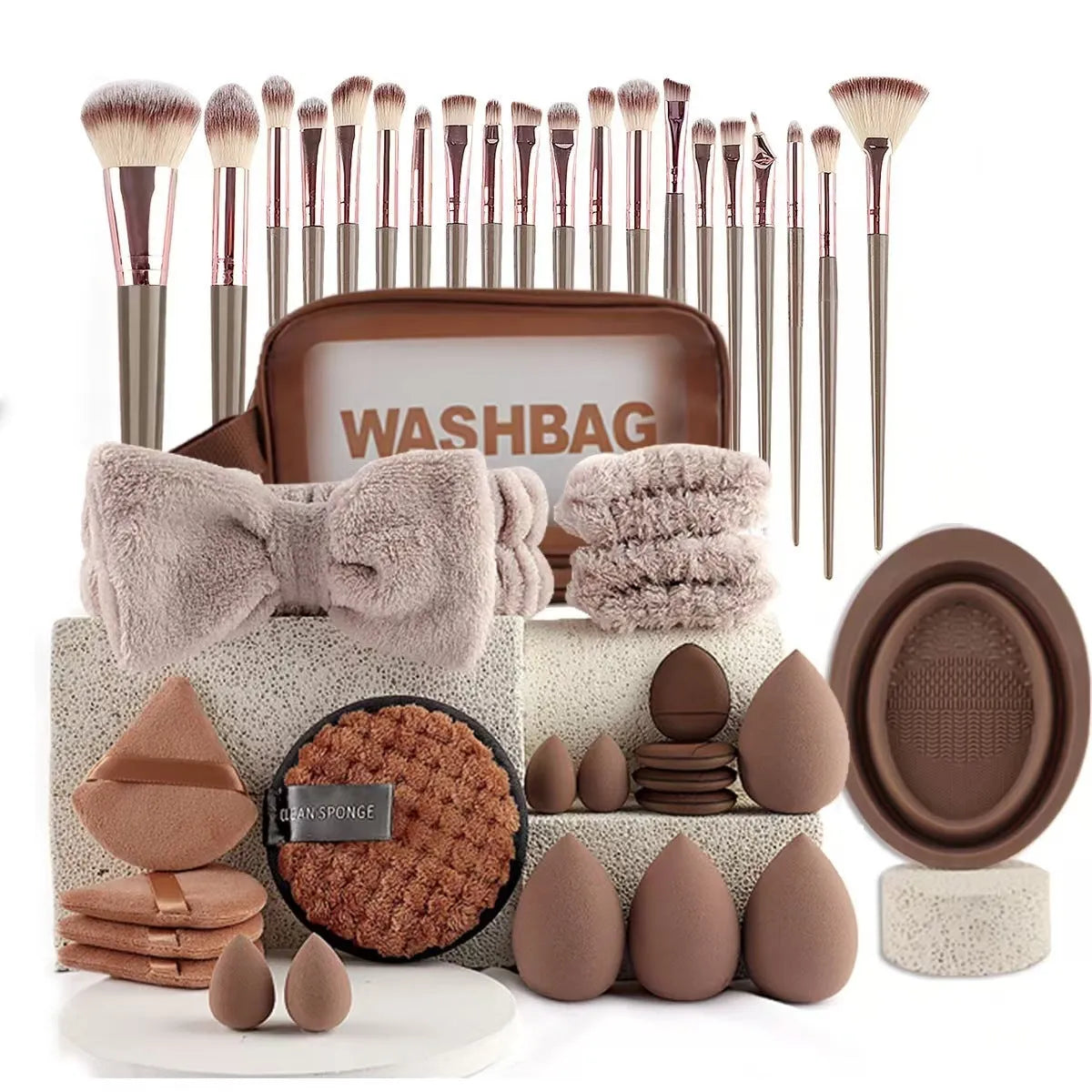 Beauty tool set with hydrophilic non-latex sponges in brown, pink and purple colour options