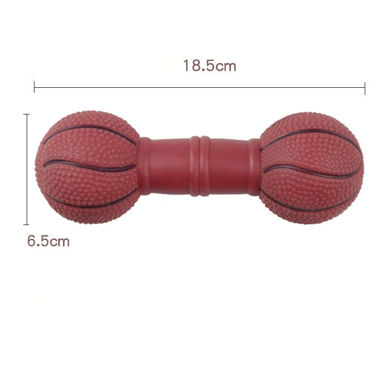 Brown football dumbbell shaped dog squeaky chew toy on white background