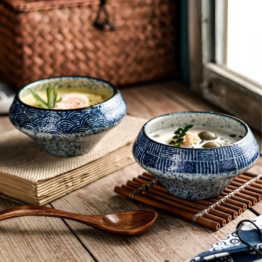 Japanese ceramic tall soup bowl with underglaze colour pattern, microwave-safe porcelain