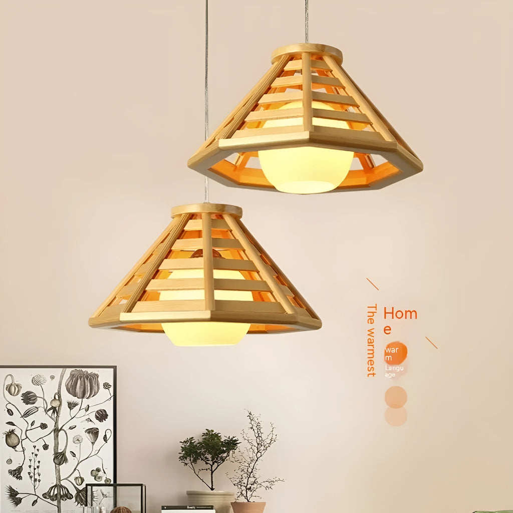 Modern minimalist bamboo woven woodcraft ceiling pendant lamp in wood colour with LED light source, 35cm or 50cm size
