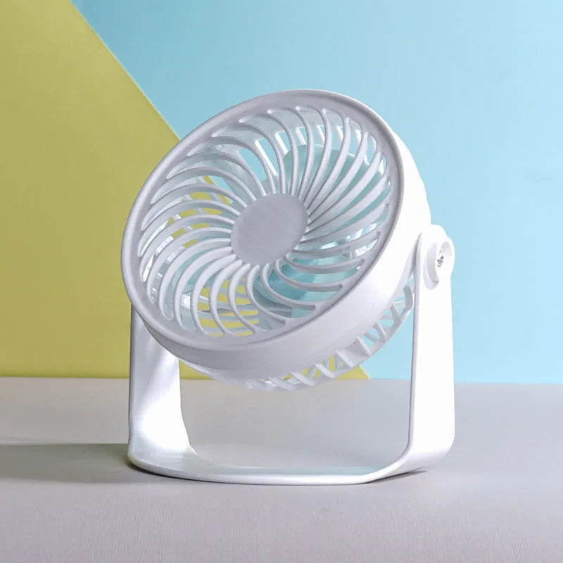 USB desk fan showing compact design with three blades, available in clip-mount or floor-standing styles